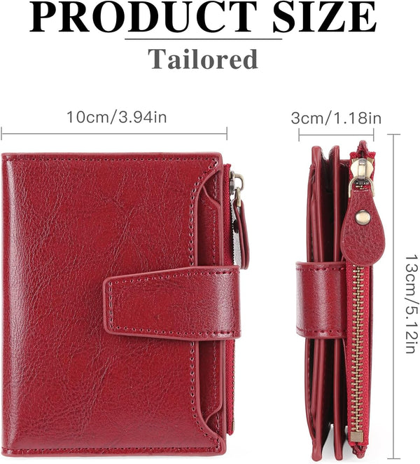 GOIACII RFID Women's Wallet Small Ladies Credit Card Holder Leather with Zipper Pocket 4 ID Windows Wine Wax Red A01 Wax Wine Red