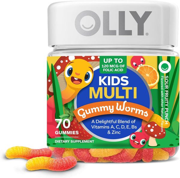 OLLY Kids Multivitamin Gummy Worms, Overall Health and Immune Support, Vitamins and Minerals A, C, D, E, Bs and Zinc, Chewable Supplement, Sour
