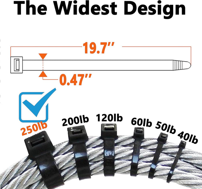 Black Zip Ties Heavy Duty 20 Inch Outdoor, 250Lb Extra Large Cable Tie Wraps Long Plastic Wire Ties Wide Big Strong Thic