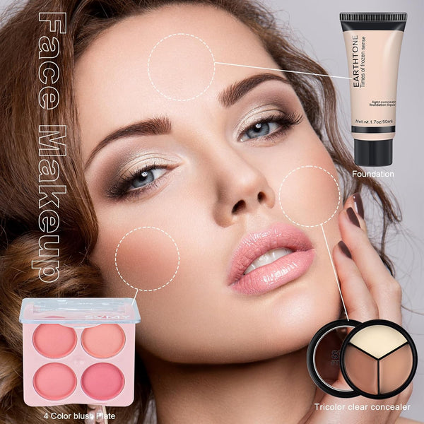 All in One Makeup Kit Includes18-Color Eyeshadow Palette Lip Gloss Brow Pencil Blush Concealer Foundation Mascara & Eyeliner with Travel-Friendly