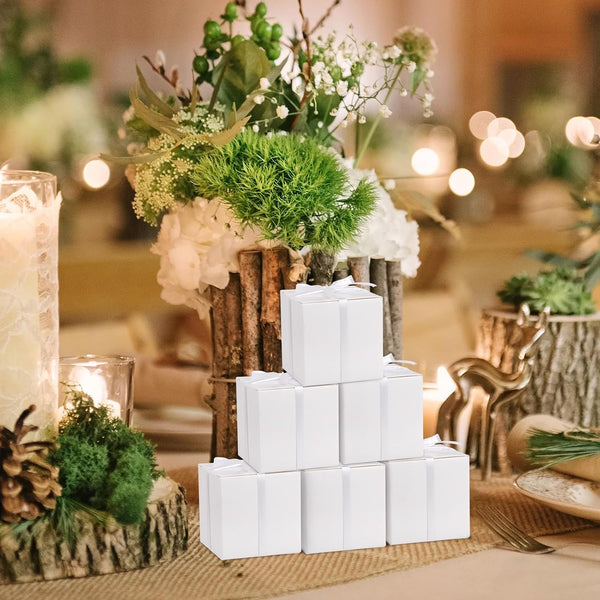 Hooqict 100 Pack Party Favor Boxes White Gift Boxes 2X2X2 Inches Small Cardboard Gift Boxes with Lids and Ribbons Candy Treat Boxes for Gift