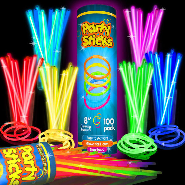 Partysticks Glow Sticks Party Supplies 100Pk - 8 Inch Glow in the Dark Light up Sticks Party Favors, Glow Decorations, Neon Party Glow Necklaces