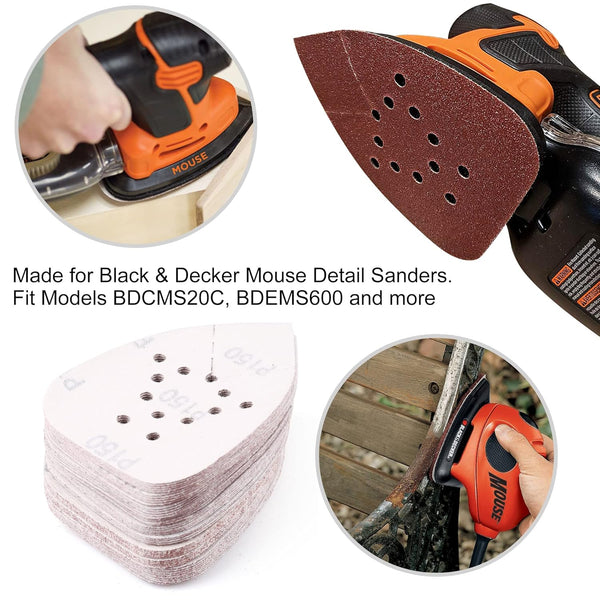 Lotfancy Sanding Pads for Black and Decker Mouse Sanders, 50PCS 60 80 120 150 220 Grit Sandpaper Assortment - 12 Hole Hook and Loop Palm Detail