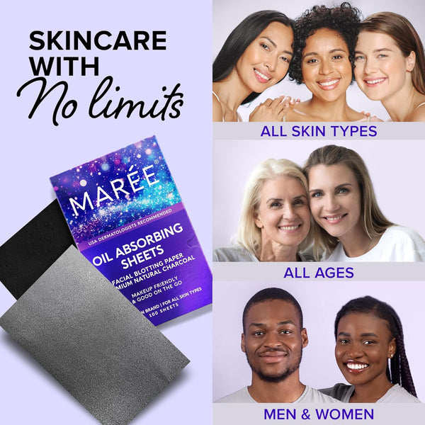 MAREE Oil Blotting Sheets for Face (100 Sheets) - Mineral Blotting Papers for Face with Bamboo Charcoal - Maximum Absorption & Shine Control -