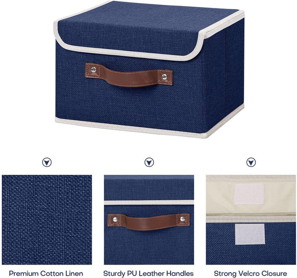 ANMINY 2PCS Storage Bins with Lid PU Leather Handles Storage Boxes PP Plastic Board Decorative Foldable Lidded Cotton Linen Fabric Home Cubes