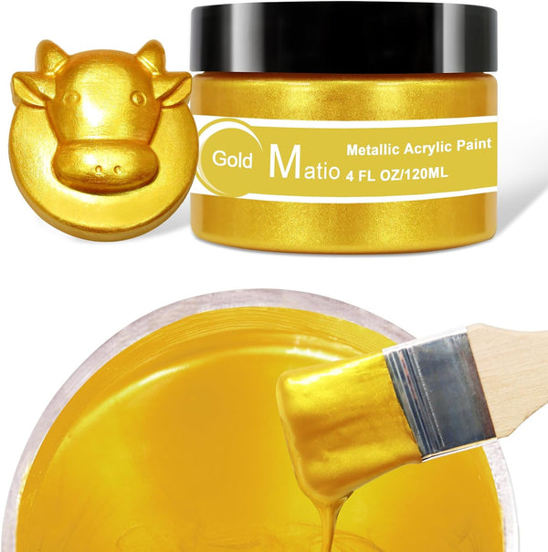 Matio Acrylic Paint Metallic Gold, 120ML Pearlescent Effect Gold Paint, Non Toxic Non Fading Gold Leaf Paint for Art Painting, Handcrafts, Canvas,