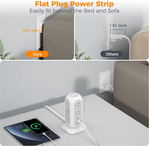 Tower Power Strip Flat Plug with 11 Outlets 3 USB (1 USB C), TESSAN Surge Protector Tower 1625W/13A,1050J Protection, 6 Feet Extension Cord with