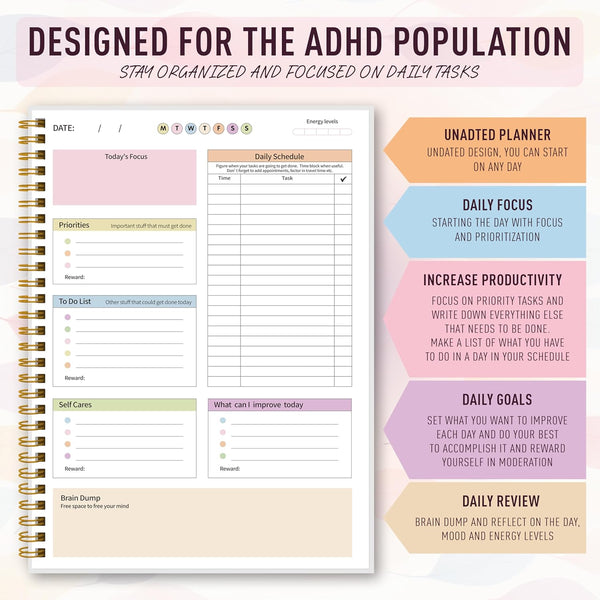 ADHD Daily Planner - Productivity Planner & Undated Task Management Organizer for Neurodivergent Adults, Focused Planners for Men & Women - B5