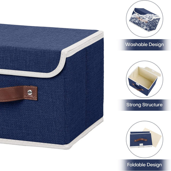 ANMINY 2PCS Storage Bins with Lid PU Leather Handles Storage Boxes PP Plastic Board Decorative Foldable Lidded Cotton Linen Fabric Home Cubes