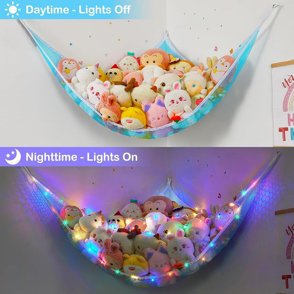 Basumee Stuffed Animals Net or Hammock with LED Light Hanging Toy Net Hammock for Stuffed Animals Storage Stuff Animals Hammocks for Nursery Kids