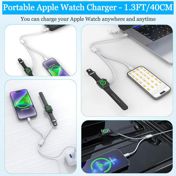 3 in 1 Short Charger for Apple Watch - Portable Charging Cable USB C & USB a Compatible with Iwatch Series Ultra 2/SE 2/10/9/8/7/6-1, Iphone 16/15
