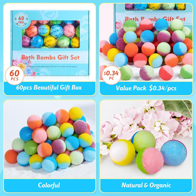 60 Pcs Bath Bombs Set - Massive Quantity Natural Bath Bombs for Kids/Women/Men Individually Wrapped Handmade Organic Bat