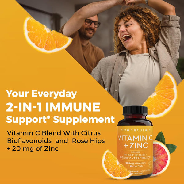 Viva Naturals Vitamin C and Zinc Supplement (250 Capsules) - 1000 Mg Vitamin C with Zinc 20 Mg Antioxidant Supplements for Immune Support, Vitamin