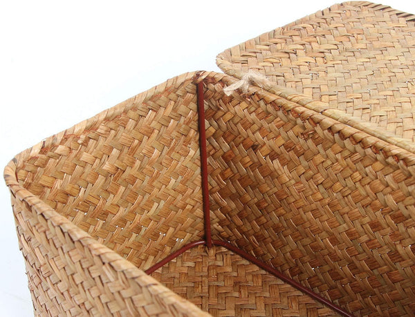 FEILANDUO Shelf Baskets with Lid Set of 3 Handwoven Seagrass Storage Box Wicker Basket Desktop Makeup Organizer Multipurpose Container (Original