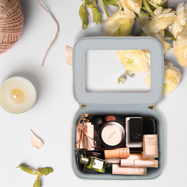 Prite Small Makeup Bag for Women Portable Clear Makeup Bag Cute Mini Waterproof Travel Cosmetic Bag with Gold Zipper for Car Essentials(Grey)