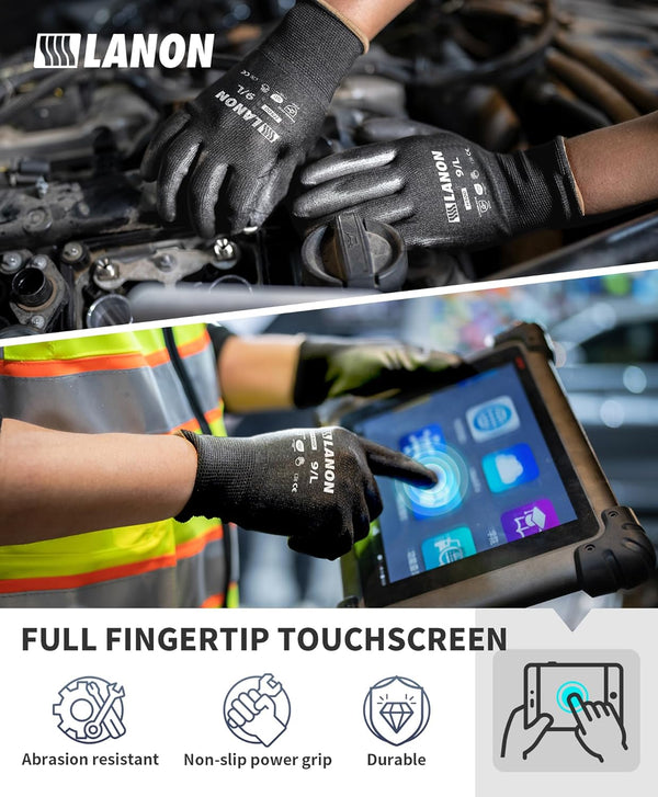LANON Safety Work Gloves for Men and Women, 18 Pairs Mechanic Black Working Gloves with Grip Odorless PU Coated, Seamless Knit, Full Fingertip