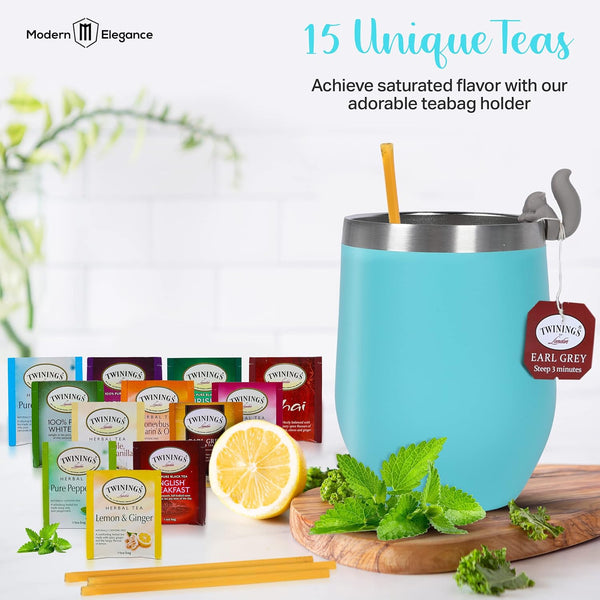 Tea Gifts for Women â Sampler Gift Basket with 15 Unique Blends, Honey Sticks, Stainless Tumbler & Gift-Ready Box (Mom Card-Teal)