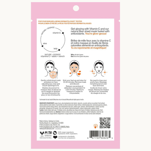 Pacifica Sheet Face Mask - Glow Baby Brightening Facial Mask W/Vitamin C, Aloe & Kelp â Cooling Mask for Dark Spots & Fine Lines - Clean Beauty