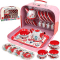 Tea Set for Little Girls, Pretend Play Tea Party Set, Floral Design Kids Tin Tea Set with Carrying Case (15 Pcs)