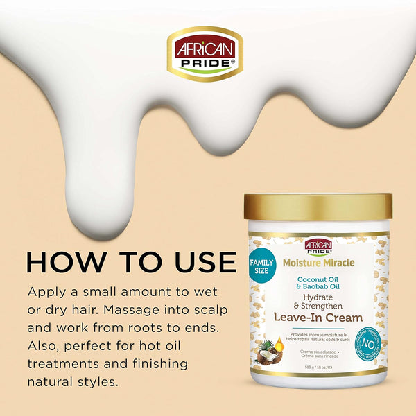 African Pride Moisture Miracle Coconut Oil & Baobab Oil Leave-In Hair Cream - Provides Intense Moisture & Helps Repair Natural Coils & Curls,