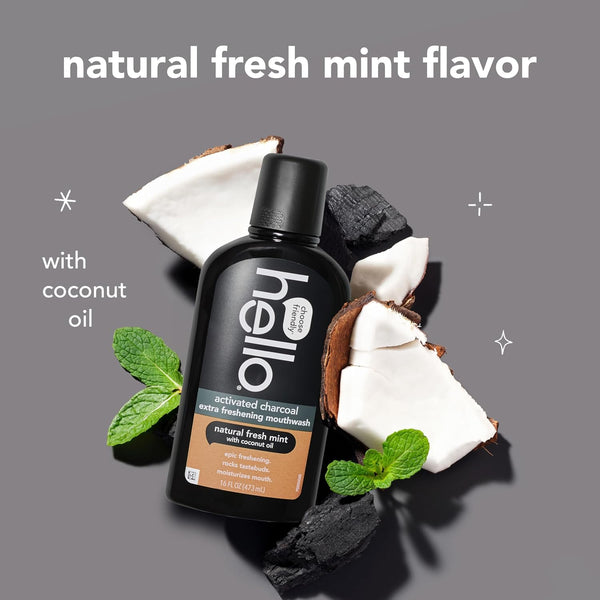 Hello Activated Charcoal Extra Freshening Mouthwash, Natural Fresh Mint and Coconut Oil, Fluoride Free, Alcohol Free, Vegan, SLS Free and Gluten