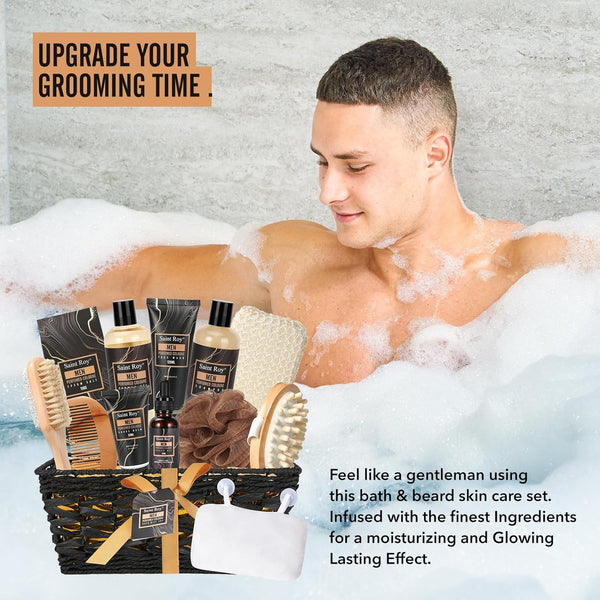 Valentines Day Gifts for Him Fathers Day Bath Perfume Gift Set for Men, 14 Pcs Spa Basket with Classic Perfume Kit, Personal Self Care Shaving Kit