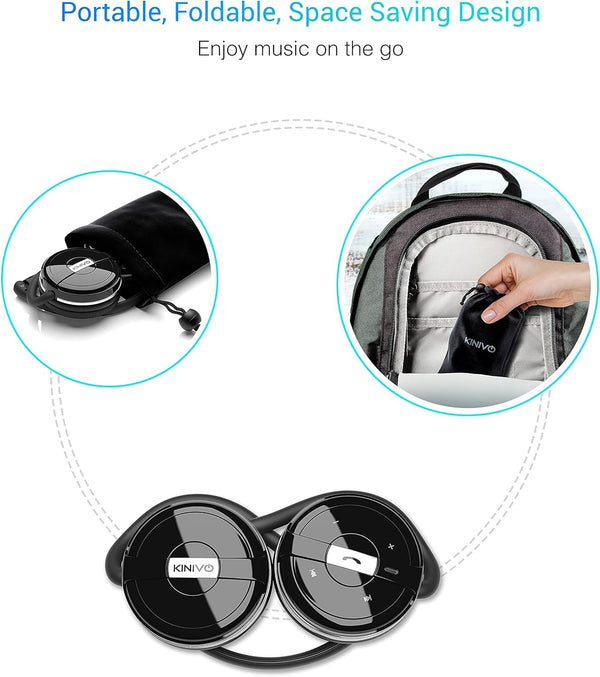 Kinivo BTH240 Bluetooth Headphones (Black, On-Ear, Wireless Music, Hands-Free Calling, Built-In Mic, Foldable, Travel Bag)