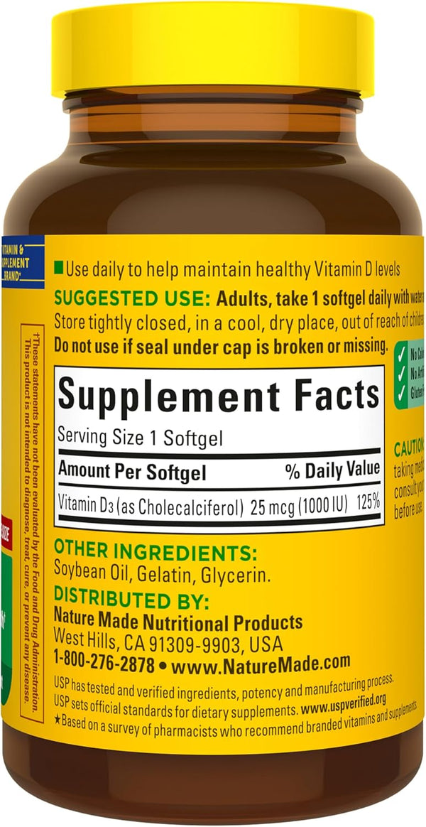 Nature Made Vitamin D3 1000 IU (25 Mcg), Dietary Supplement for Bone, Teeth, Muscle and Immune Health Support, 180 Softgels, 180 Day Supply
