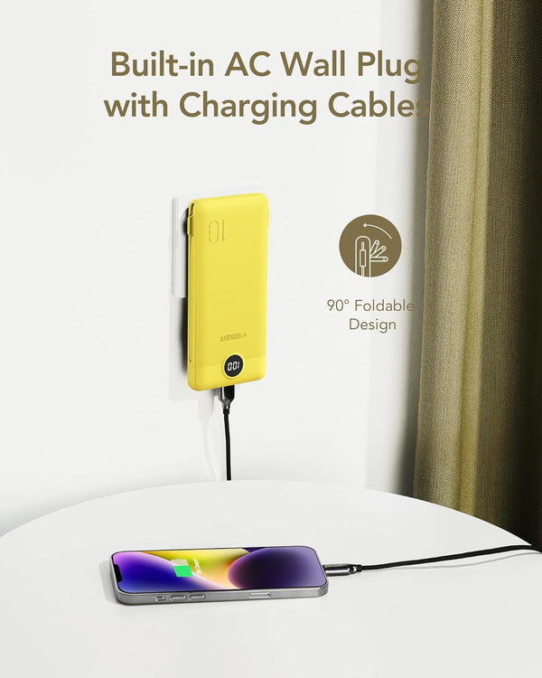 VEGER Portable Charger for Iphone with Built in Cables and Wall Plug, 10000Mah Slim Fast Charging USB C Power Bank, Travel Essential Battery Pack
