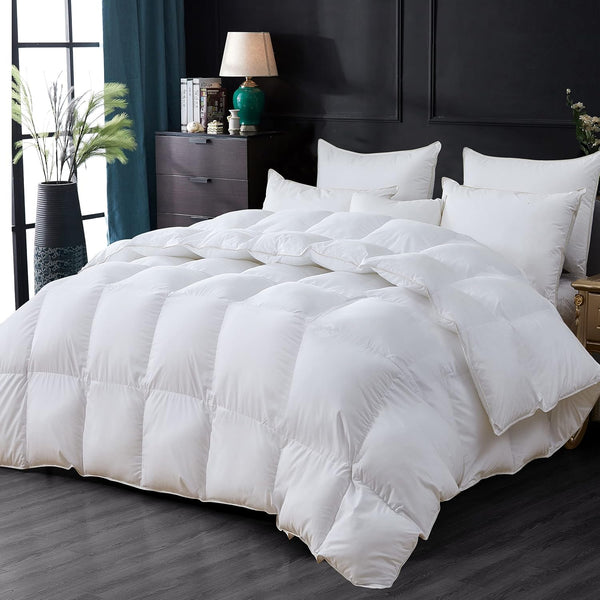 Luxurious All-Season Goose down Feather Fiber Comforter Queen Size Duvet Insert, Premium White Solid Plain Design, Premium Baffle Box, 100%