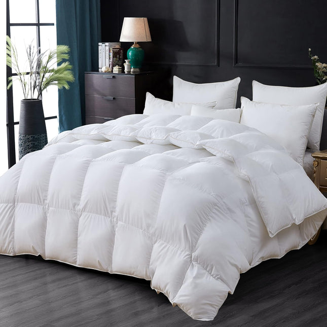 Luxurious All-Season Goose down Feather Fiber Comforter Queen Size Duvet Insert, Premium White Solid Plain Design, Premi