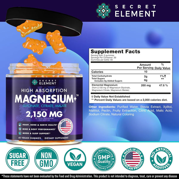 Magnesium Glycinate 2150MG Gummies for Women and Men, High Absorption Magnesium Glycinate, Citrate, Malate Gummies for Adults & Kids, Magnesium