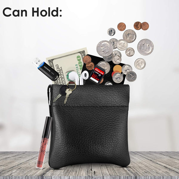 Nabob Leather Genuine Leather Squeeze Coin Purse, Coin Pouch Made IN U.S.A. Change Holder For Men/Woman Size 3.5 X 3.5 Black