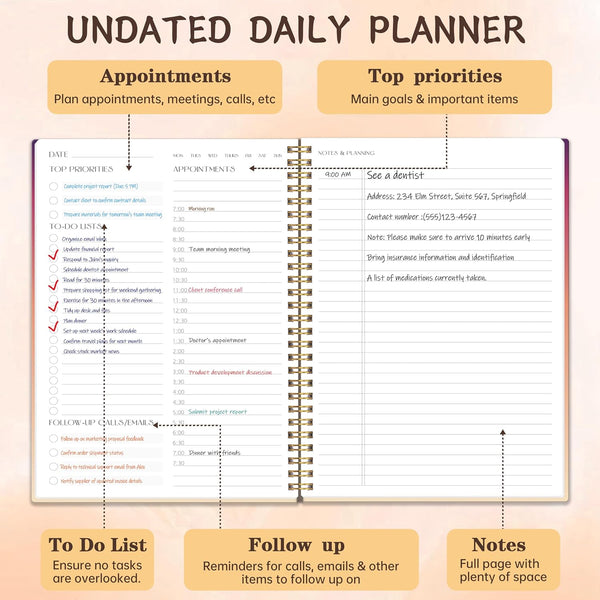 DOURA Undated Daily Planner with Hourly Schedule - Aesthetic Spiral To do List Notepad to Easily Organize Your Work Tasks and Appointments -