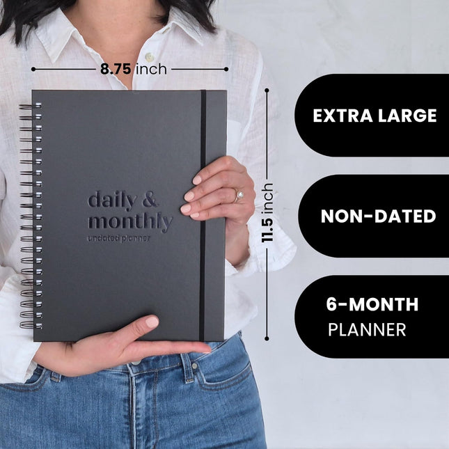 Undated Daily Planner | 2026 Calendar | Large Daily and Monthly Planner with Hourly Schedule, 8.5" x 11" | 6 Month, Full