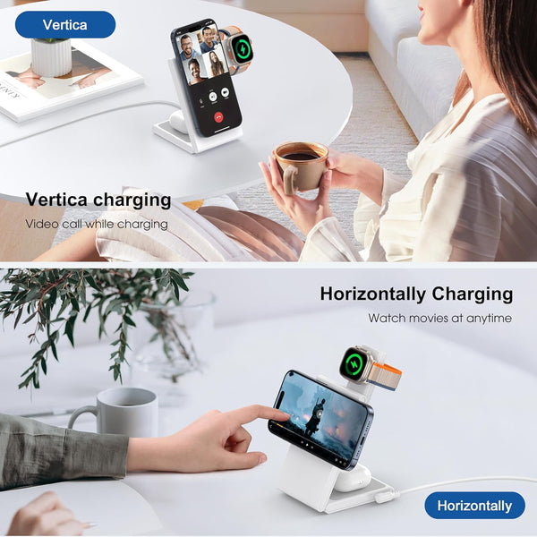 Wireless Charging Station with 20W USB C Adapter, 3 in 1 Magnetic Foldable Travel Charger Stand for Iphone 16 15 14 13 12 Series, Compatible with