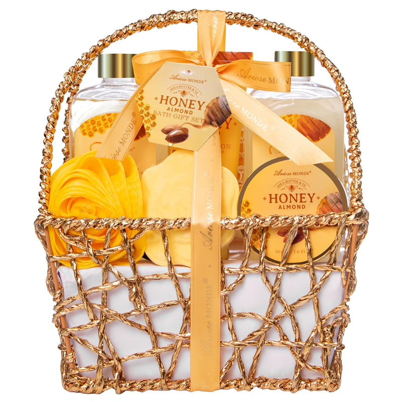 Gift Baskets , Spa Gifts for Women, 8Pcs Honey Almond Bath Gift Set for Women, Relaxation Self Care Spa Kit W/Bath Bomb, Bubble Bath, Mom Birthday
