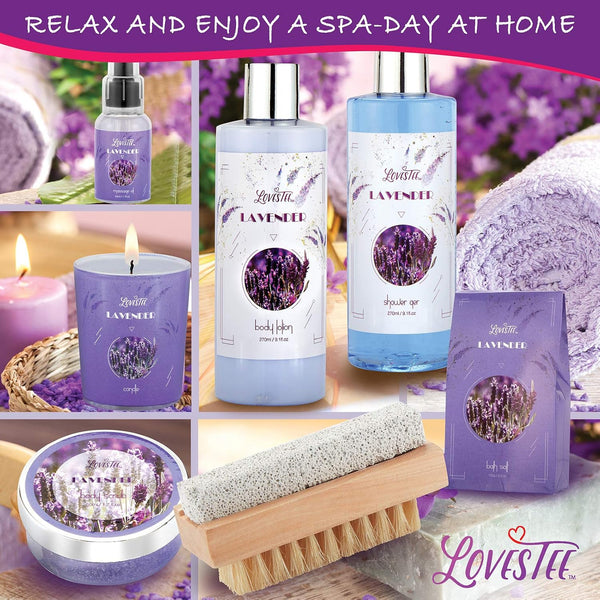 Monthers Day Gifts, Relaxing Lavender Spa Gift Baskets for Wome Birthday, Bath and Body Set-Kit Includes Candle, Essential Oil, Body Scrub, Bath