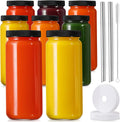 [ 8 Pack ] Glass Juicing Bottles with 2 Straws & 2 Lids W Hole- 16 OZ Travel Drinking Jars, Water Cups with Black Airtight Lids, Reusable Tall