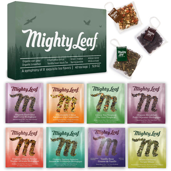 Mighty Leaf Tea Bags Spring Sampler Assortment (40 Silk Bags) Organic (8 Flavors), Tropical, Chamomile Citrus, Earl Grey, Vanilla Bean, White