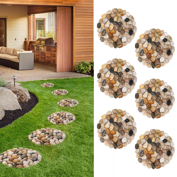 Natural Pebble Stepping Stones for Garden & Outdoor Walkways - 9 Inch round Therapeutic Massage Stones, 6Pcs Non-Slip Acupressure Floor Mats,