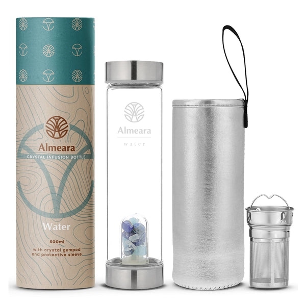 Almeara Crystal Water Bottle with Authentic Lapis Lazuli, Opal Stones & Aquamarine Removable Gemstones, Loose Leaf Tea Infuser - Relaxation,