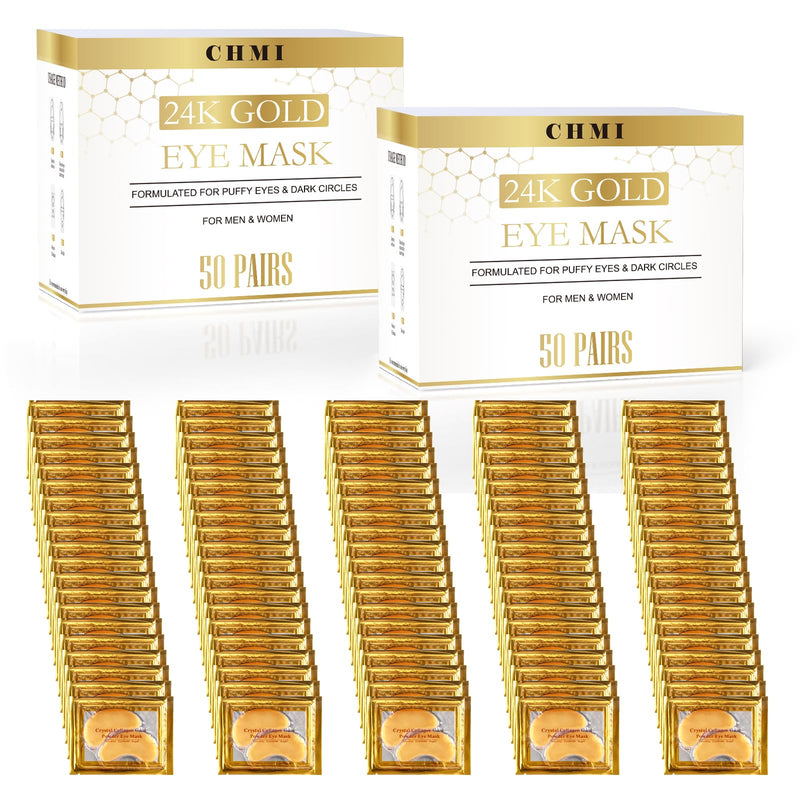 CHMI under Eye Patches (100 Pairs) - 24K Gold Eye Patches for Puffy Eyes, Dark Circles, Eye Bags and Wrinkles, Collagen Skin Care Products, Beauty