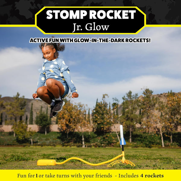 Stomp Rocket Jr Glow Rocket Launcher for Kids - 4 Glow-In-The-Dark Rockets - Outdoor Fun Toy Gift for Boys & Girls - STEM Soft Foam Blaster Set
