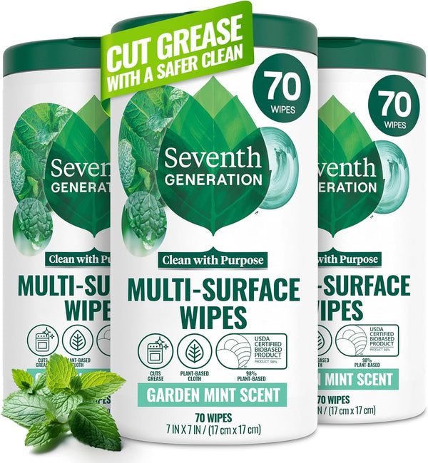 Seventh Generation Multi Purpose Wipes All Purpose Cleaning Garden Mint Scent with 100% Essential Oils and Botanical Ingredients 70 Count, Pack of 3