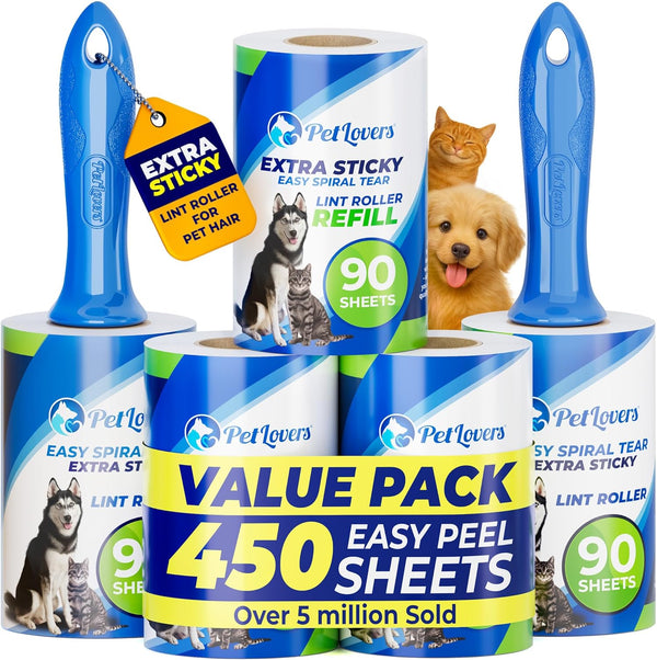 Petlovers Extra Sticky Lint Roller Mega Value Set 450 Sheets for Pet Hair Removal and Clothes, Dog and Cat Lint Remover 5 Pack
