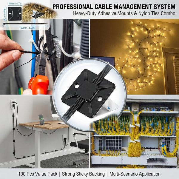 Black Cable Tie Zip Self Adhesive Mounts Set, Cable Base Holders with Multi-Purpose Sticky Pads 100 Set