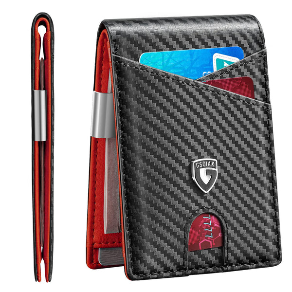 GSOIAX Slim Leather RFID Bifold Wallet for Men - Minimalist Front Pocket Wallet with Money Clip,12 Card Slots,Id Window,Cool Groove