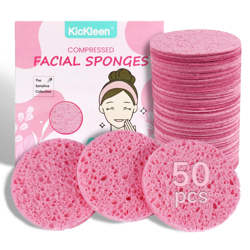 50-Count Compressed Facial Sponges|Kickleen 100% Natural Cellulose Cosmetic Spa Sponges for Daily Facial Cleansing|Makeup and Mask