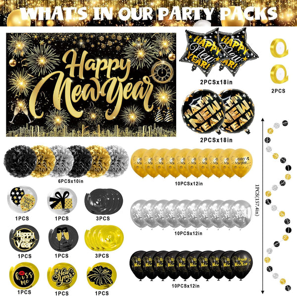 Happy New Year Party Backdrop Fabric Sign Poster Banner with Pattern Firework for New Year Party Decoration Photo Props Background Supplies